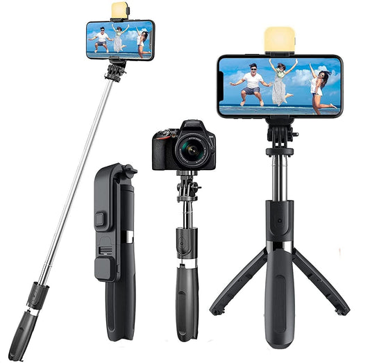 R1s Bluetooth Selfie Sticks with Remote and Selfie Light, 3-in-1 Multifunctional Selfie Stick Tripod Stand Compatible with all mobiles.